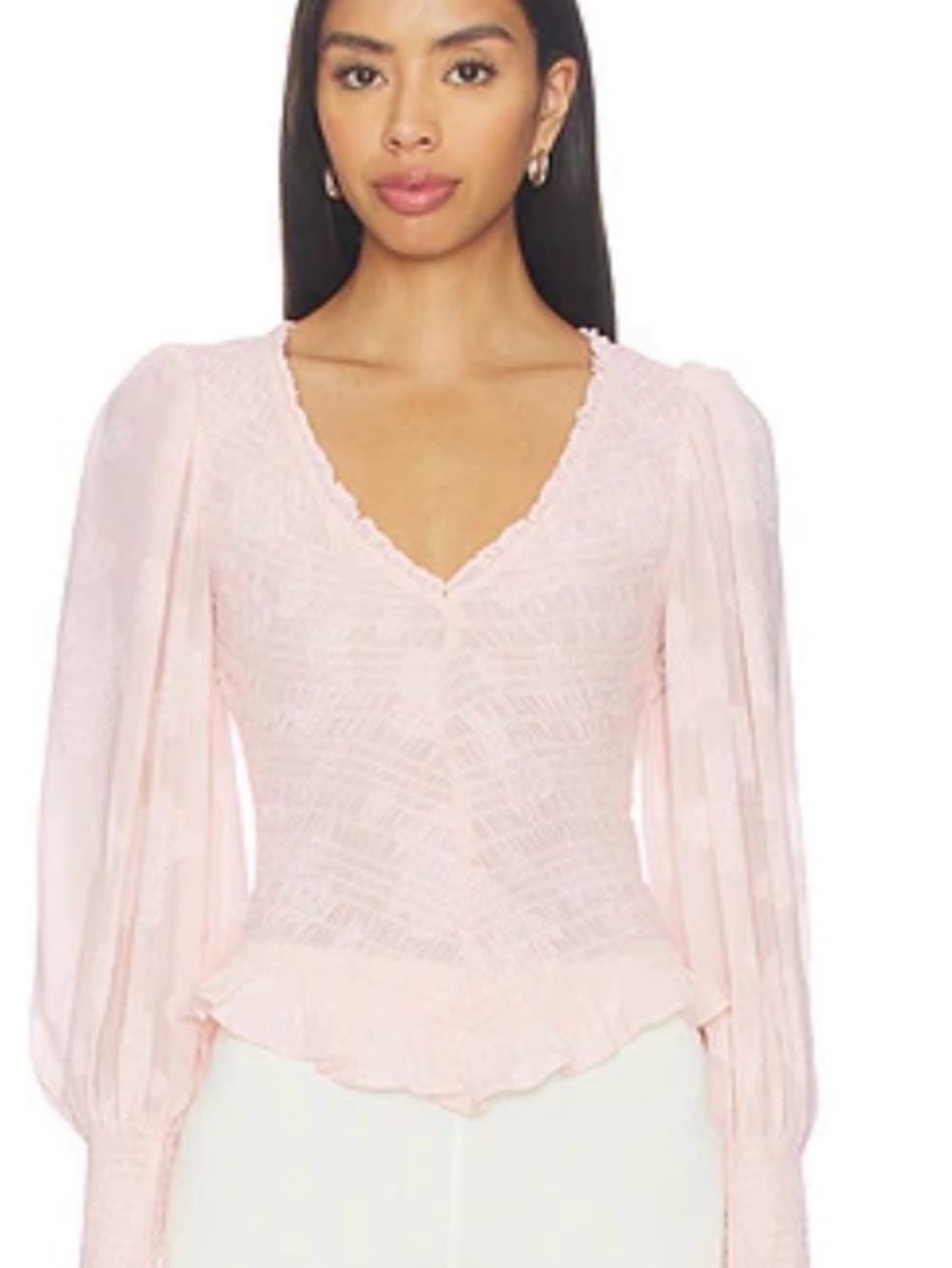 FREE PEOPLE Delicate Pink Lace V-Neck Long-Sleeve Top